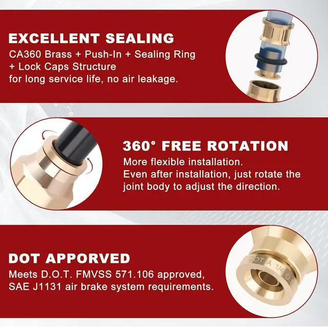 Alt view image 4 of 6 - 1/4 Quick Push to Connect Fittings Brass Male Straight and Elbow Combination DOT Approved 1/4 Tube OD to 1/4 and 1/8 NPT DOT Air Line Fittings Kit Air Suspension Kit Air Hose Repair Kit 40pcs