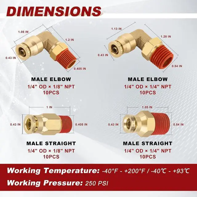 Alt view image 5 of 6 - 1/4 Quick Push to Connect Fittings Brass Male Straight and Elbow Combination DOT Approved 1/4 Tube OD to 1/4 and 1/8 NPT DOT Air Line Fittings Kit Air Suspension Kit Air Hose Repair Kit 40pcs