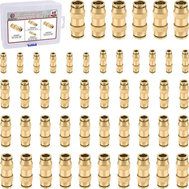 Main image of 48pcs Quick Connect Brass DOT Air Line Fittings Straight Union 1/4 3/8 5/16 5/32 1/8 1/2 Tube Push to Connect Fittings Air Suspension Fittings Straight Air Brake Union Push Lock Fittings