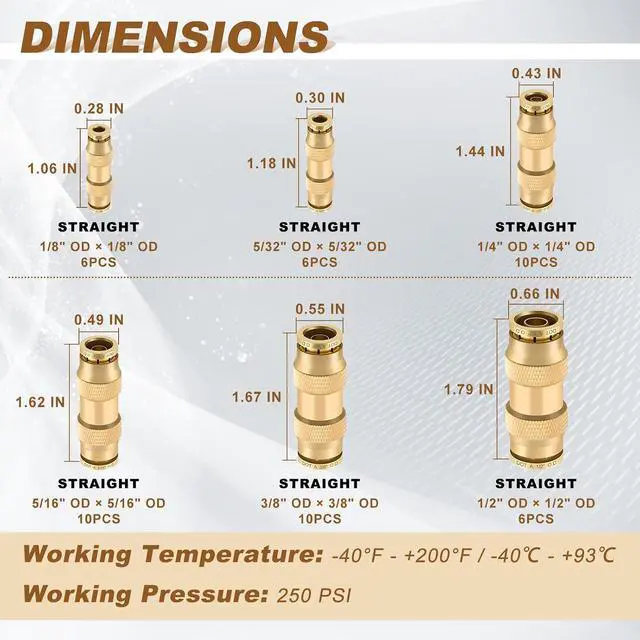 Alt view image 2 of 6 - 48pcs Quick Connect Brass DOT Air Line Fittings Straight Union 1/4 3/8 5/16 5/32 1/8 1/2 Tube Push to Connect Fittings Air Suspension Fittings Straight Air Brake Union Push Lock Fittings