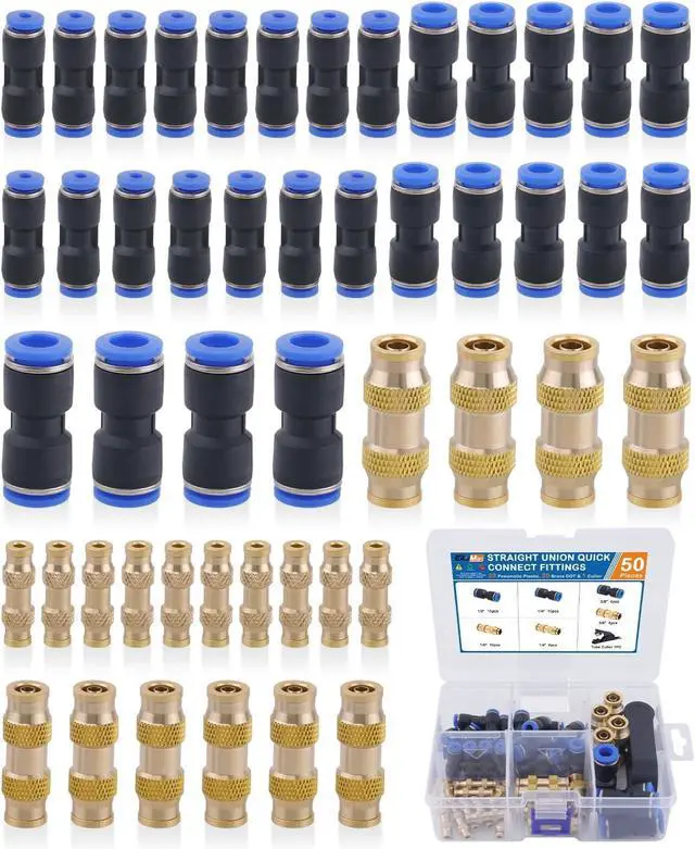 Main image of 50PCS Push to Connect Fittings Kit, Plastic and Brass Combination Quick Connect Air Hose Fittings, 1/8" 1/4" 3/8" Straight Push Connectors, DOT Air Fittings for Truck or Industrial Air System