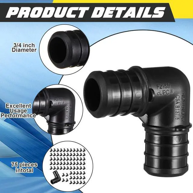 Alt view image 3 of 6 - 75 Pcs 3/4 Inch 90 Degree Elbow Bulk Pex Fittings Ppsu F2159 Poly Alloy Elbow Pex-B Fittings for Pipe Drinking Water, Water Heating and Radiant Heating Applications