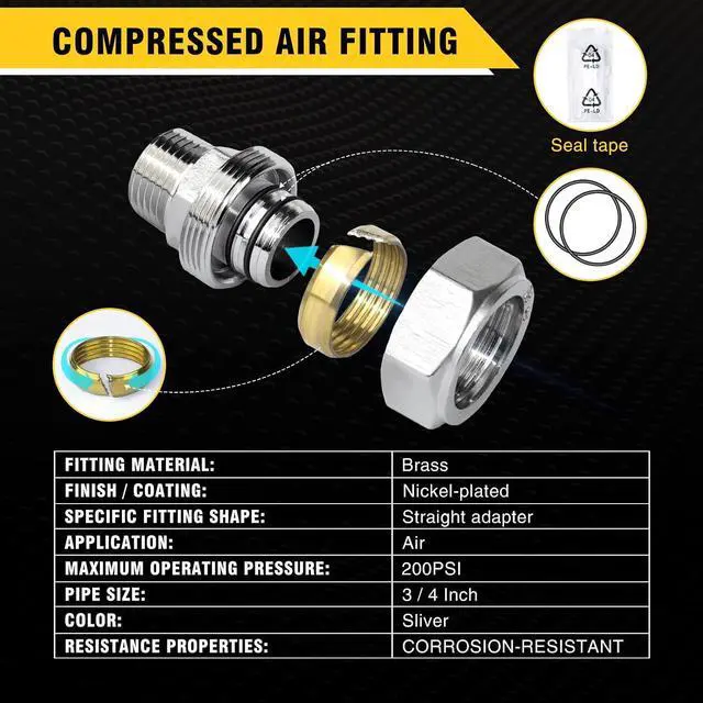 Alt view image 4 of 5 - 5PCS 3/4" Straight Air Pipe Fittings, 3/4" Tubing x 1/2" Male NPT Threads Adapter Fittings, Brass-Nickel Plated, Seal Taped Needed, 1-PC For Garage Shop Compressed Air Piping System