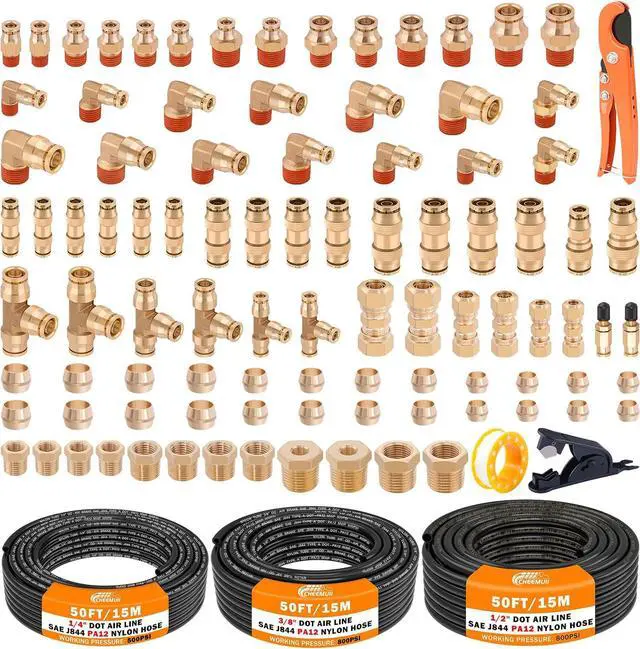Main image of 100 PCS Brass DOT Air Line Fittings with 3 Roll 50FT 1/4" 3/8" 1/2" DOT Air Lines Kit Push Lock Air Fitting Quick Connect Air Fittings with Air Hose Pneumatic Tubing