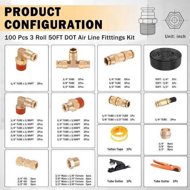 Alt view image 2 of 7 - 100 PCS Brass DOT Air Line Fittings with 3 Roll 50FT 1/4" 3/8" 1/2" DOT Air Lines Kit Push Lock Air Fitting Quick Connect Air Fittings with Air Hose Pneumatic Tubing