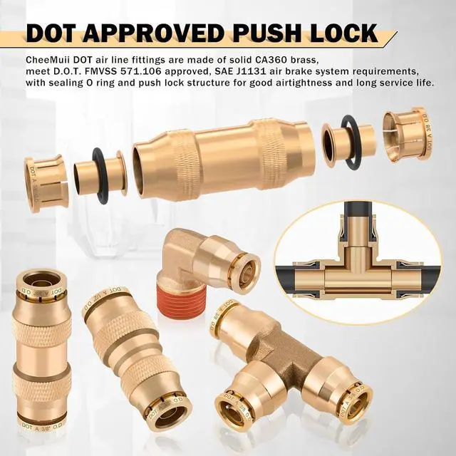 Alt view image 4 of 7 - 100 PCS Brass DOT Air Line Fittings with 3 Roll 50FT 1/4" 3/8" 1/2" DOT Air Lines Kit Push Lock Air Fitting Quick Connect Air Fittings with Air Hose Pneumatic Tubing
