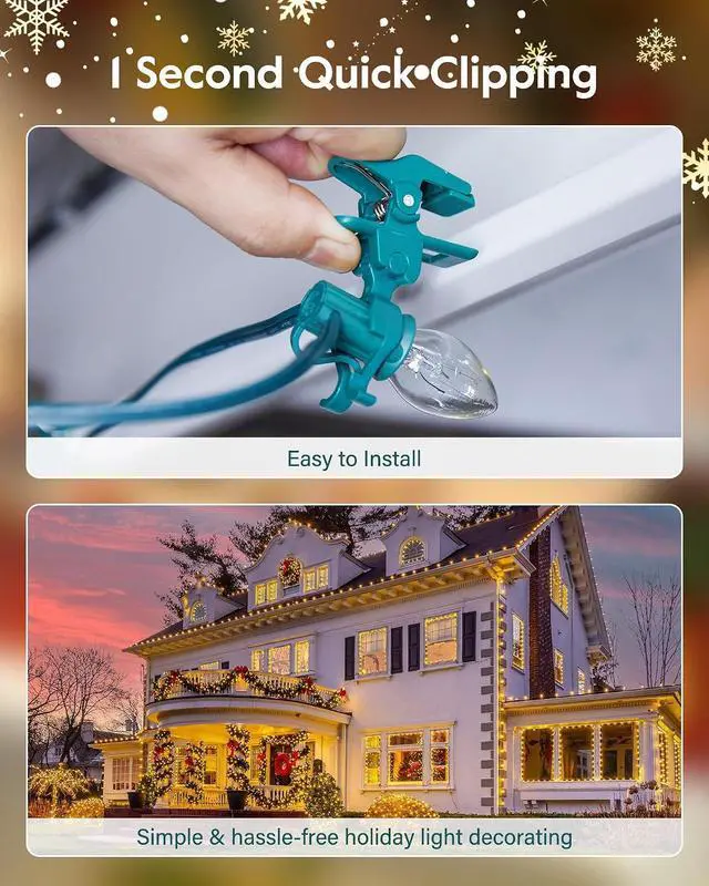 Alt view image 2 of 7 - C7 C9 Christmas Lights Universal Spring Clips, 100 Count Quick Spring Clips for Holiday Light Decorations, Shatterproof Shingle and Gutter Clips for E12 E17, Metal Surface Roof Fence Railing Gates