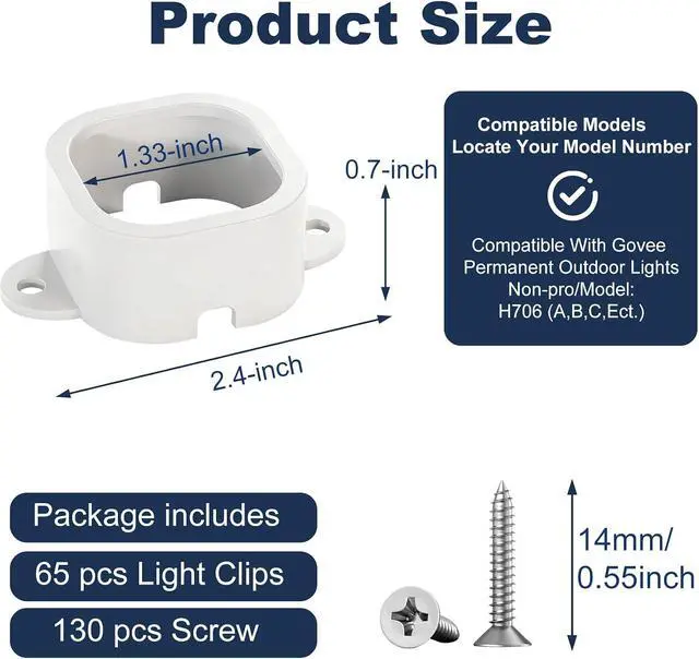 Alt view image 3 of 7 - 65 Set Light Clips for Govee Pro H706/H806 Outdoor Lights with 130 Screws Secure Mounting Brackets for Govee Pro Permanent Install Firmly,for Govee Pro Permanent Outdoor Lights Extension (White)