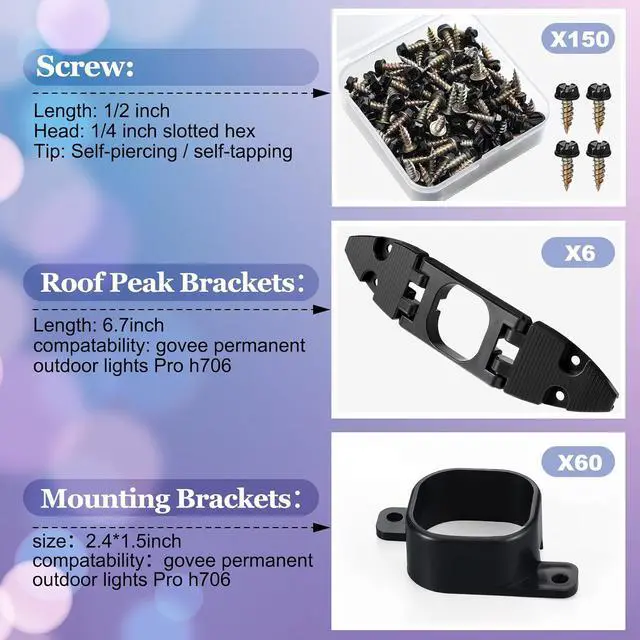 Alt view image 2 of 7 - 66 Pcs Light Clips Set Compatible with Govee Pro H706 H806, 60 Mounting Clips & 6 Gable Light Bracket with 150 Screws Compatible with Govee Pro Outdoor Lights 100ft (Black)