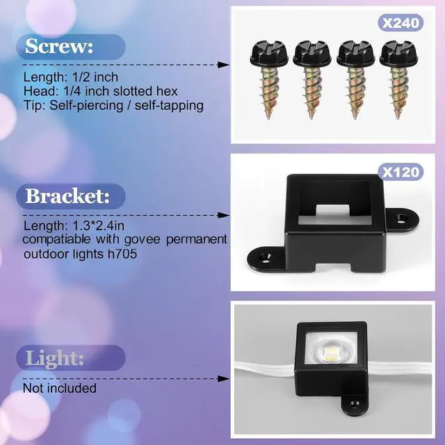 Alt view image 2 of 7 - 120 Light Clips for Govee H705 H805 with 240 Screws Mounting Clips Compatible with Govee Permanent Outdoor Lights Extension (Black)