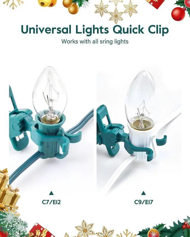 Alt view image 5 of 7 - C7 C9 Christmas Lights Universal Spring Clips, 100 Count Quick Spring Clips for Holiday Light Decorations, Shatterproof Shingle and Gutter Clips for E12 E17, Metal Surface Roof Fence Railing Gates