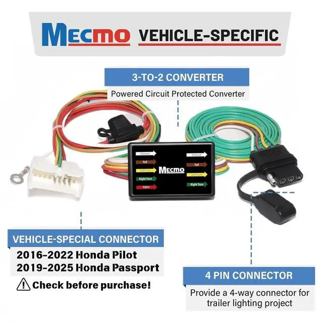 Alt view image 2 of 7 - 4 Pin Trailer Wiring Harness for 2016-2022 Honda Pilot & 2019-2025 Honda Passport, Towing Hitch Wire T-Connector for Trailer Light Connect, Factory Tow Package Required