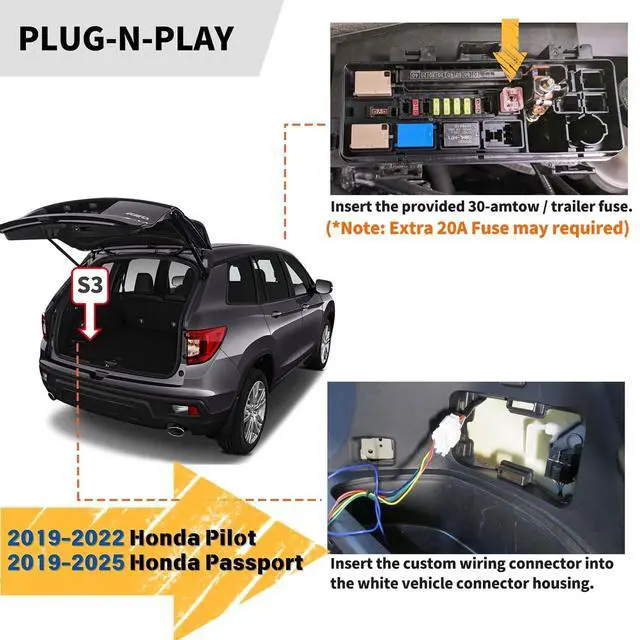 Alt view image 5 of 7 - 4 Pin Trailer Wiring Harness for 2016-2022 Honda Pilot & 2019-2025 Honda Passport, Towing Hitch Wire T-Connector for Trailer Light Connect, Factory Tow Package Required