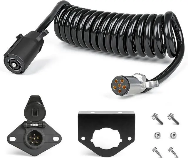 Main image of 7 Pin to 6 Pin Trailer Adapter Coiled Cable 8 Feet, Heavy Duty 7 Wire to 6 Wire Trailer Plug Adapter with 6 Way Socket for RV Motorhome Flat Tow Vehicle Weather Resistant Dinghy Tow Harness