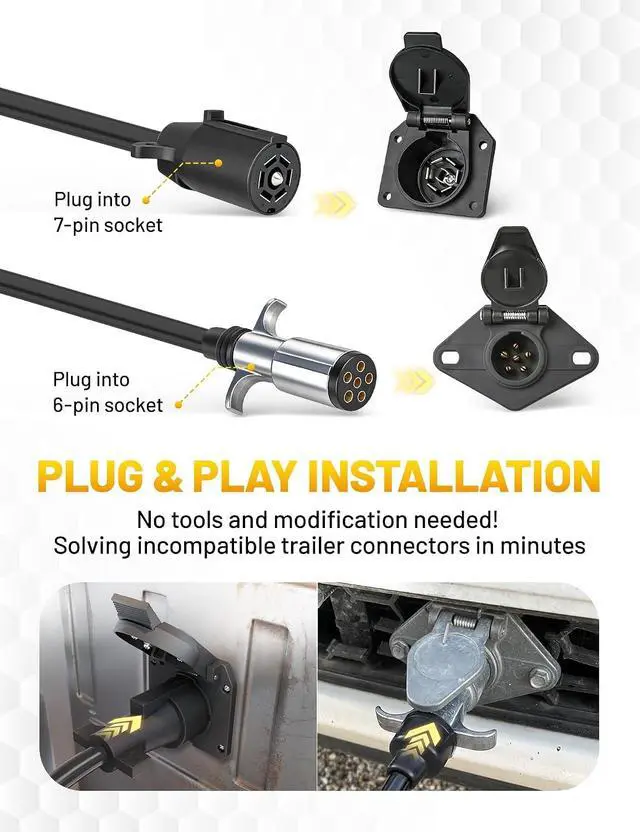 Alt view image 3 of 7 - 7 Pin to 6 Pin Trailer Adapter Coiled Cable 8 Feet, Heavy Duty 7 Wire to 6 Wire Trailer Plug Adapter with 6 Way Socket for RV Motorhome Flat Tow Vehicle Weather Resistant Dinghy Tow Harness