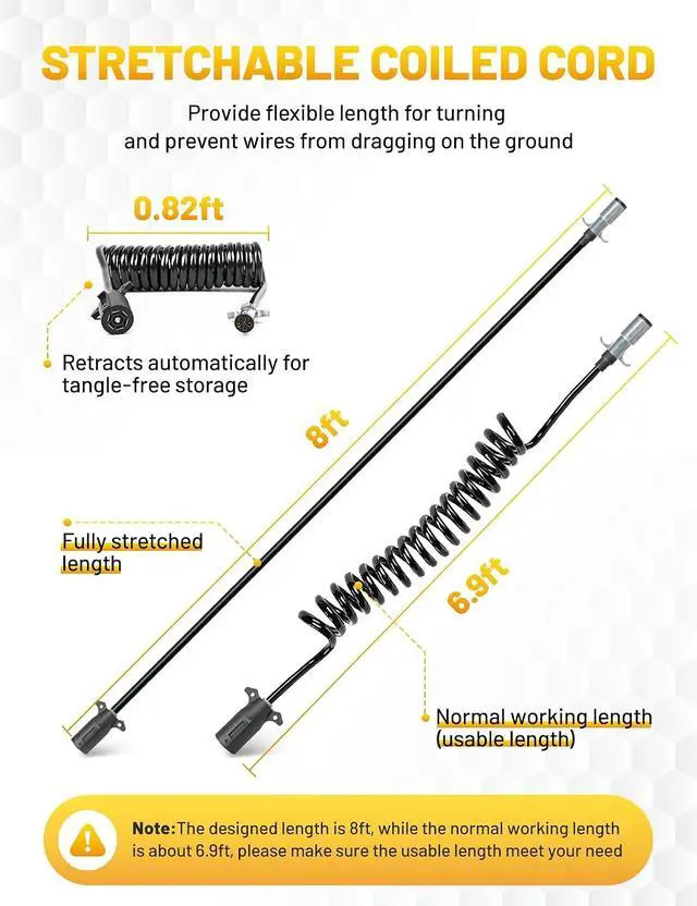 Alt view image 4 of 7 - 7 Pin to 6 Pin Trailer Adapter Coiled Cable 8 Feet, Heavy Duty 7 Wire to 6 Wire Trailer Plug Adapter with 6 Way Socket for RV Motorhome Flat Tow Vehicle Weather Resistant Dinghy Tow Harness