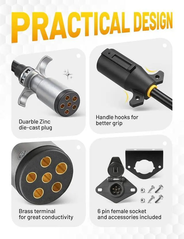 Alt view image 5 of 7 - 7 Pin to 6 Pin Trailer Adapter Coiled Cable 8 Feet, Heavy Duty 7 Wire to 6 Wire Trailer Plug Adapter with 6 Way Socket for RV Motorhome Flat Tow Vehicle Weather Resistant Dinghy Tow Harness