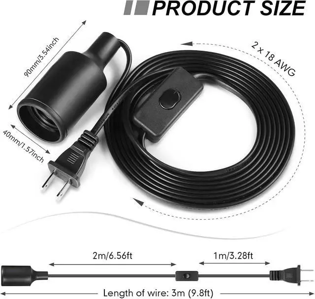 Alt view image 2 of 7 - 10 Pack Hanging Light Cord Pendant Light Cord with Switch Light Socket Extension Light Bulb Socket Cable Lamp Kit for E26 E27 Lamp Socket Lantern (Black,9.8 Feet)