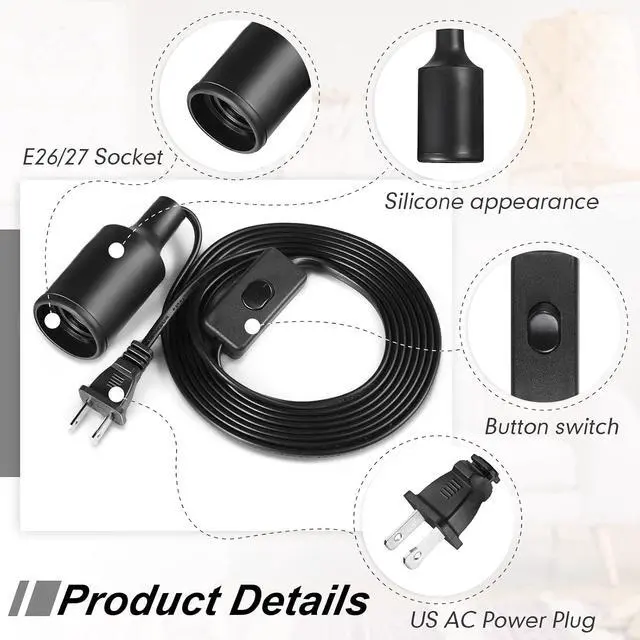 Alt view image 3 of 7 - 10 Pack Hanging Light Cord Pendant Light Cord with Switch Light Socket Extension Light Bulb Socket Cable Lamp Kit for E26 E27 Lamp Socket Lantern (Black,9.8 Feet)