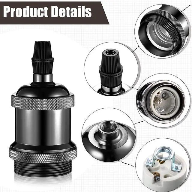 Alt view image 4 of 7 - 16 Packs E26 Vintage Ceramic Lamp Socket, Edison Industrial Pendant Metal Light Socket Replacement Screw in Light Bulb Holder for DIY Lighting, 600 Degrees Celsius Heat Resistant, Black