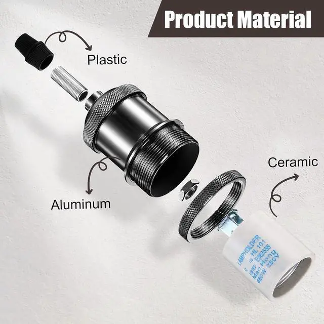 Alt view image 6 of 7 - 16 Packs E26 Vintage Ceramic Lamp Socket, Edison Industrial Pendant Metal Light Socket Replacement Screw in Light Bulb Holder for DIY Lighting, 600 Degrees Celsius Heat Resistant, Black