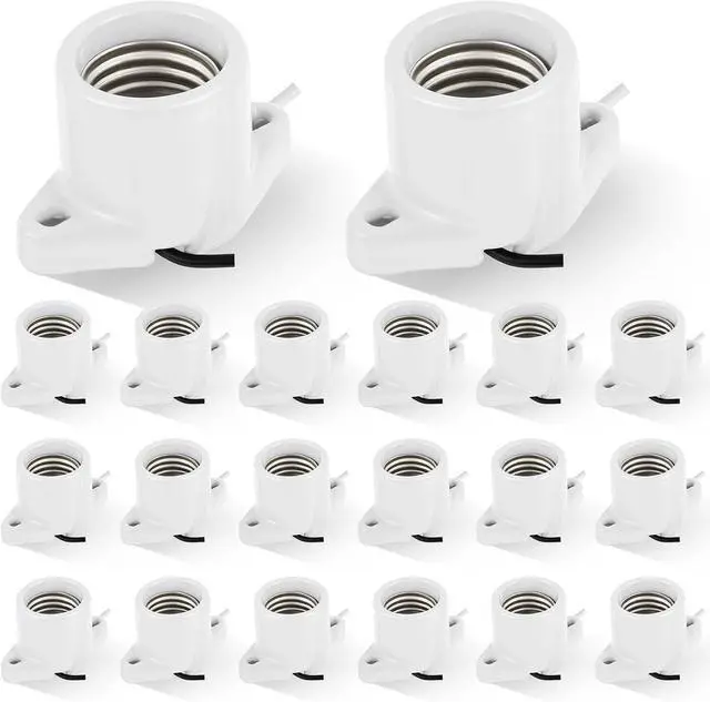 Main image of 20 Pcs E26 Light Socket Medium Base Porcelain Lamp Holder Keyless Cleat Bulb Socket with Two Hole Flanged Mounting with 6" Leads for Home Room Garage Closet Indoor Outdoor Lighting