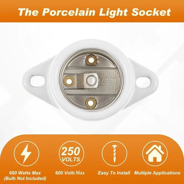 Alt view image 3 of 6 - 20 Pcs E26 Light Socket Medium Base Porcelain Lamp Holder Keyless Cleat Bulb Socket with Two Hole Flanged Mounting with 6" Leads for Home Room Garage Closet Indoor Outdoor Lighting