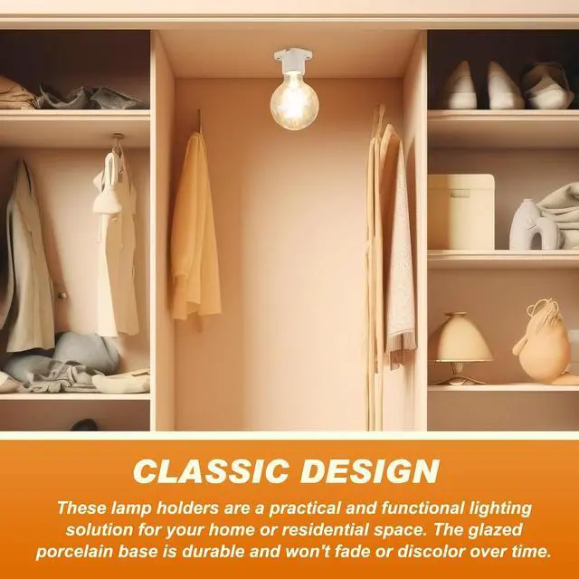Alt view image 5 of 6 - 20 Pcs E26 Light Socket Medium Base Porcelain Lamp Holder Keyless Cleat Bulb Socket with Two Hole Flanged Mounting with 6" Leads for Home Room Garage Closet Indoor Outdoor Lighting