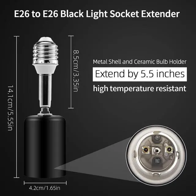 Alt view image 2 of 7 - E26 Light Socket Extender - Metal Housing & Ceramic Socket, 360 Rotate, 90 Adjustable, 150W@110V, Heat-Resistant, Rock-Black Color, Perfect for Lamps, Fans, Light Bulb Cameras (2)