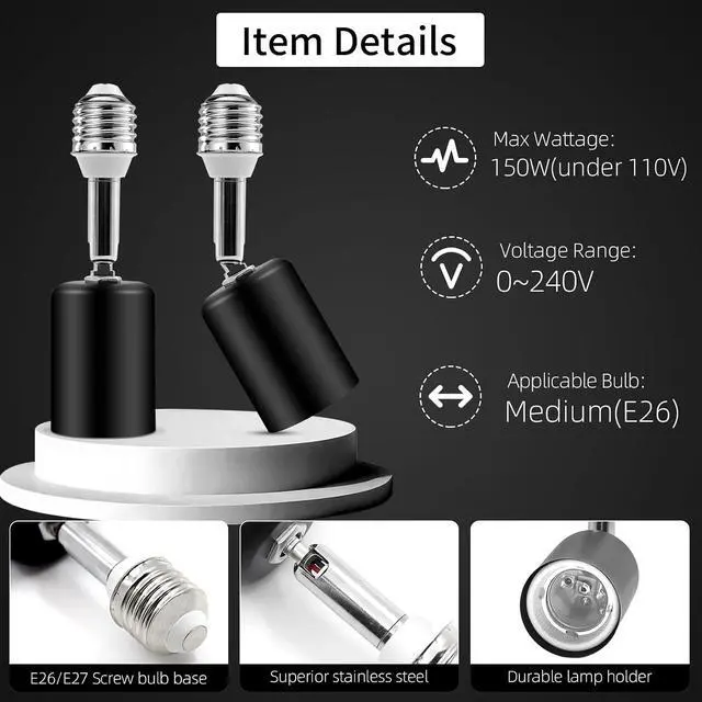 Alt view image 4 of 7 - E26 Light Socket Extender - Metal Housing & Ceramic Socket, 360 Rotate, 90 Adjustable, 150W@110V, Heat-Resistant, Rock-Black Color, Perfect for Lamps, Fans, Light Bulb Cameras (2)