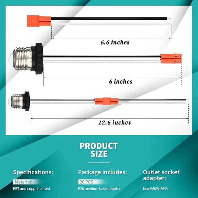 Alt view image 2 of 7 - 100 Pcs E26 Socket Adapter, Medium Base Male Screw in Light Socket Pigtail for LED Recessed Lights