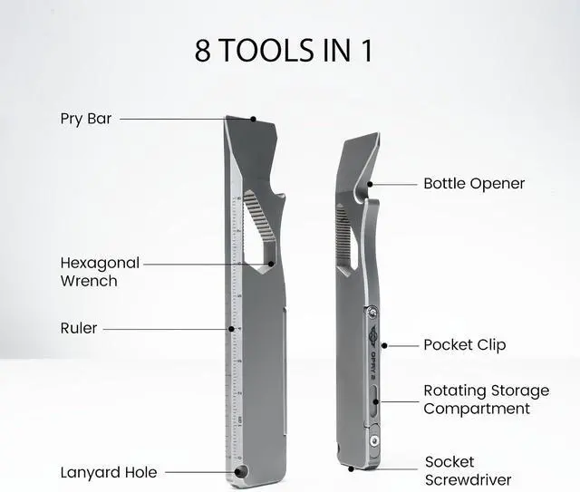 Alt view image 2 of 7 - Opry Multitool EDC Titanium Pry Bar Set, Bottle Opener, Nail Puller with Hex Wrench, Screw and Pocket Clip