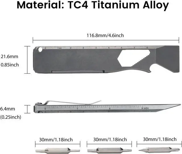 Alt view image 4 of 7 - Opry Multitool EDC Titanium Pry Bar Set, Bottle Opener, Nail Puller with Hex Wrench, Screw and Pocket Clip