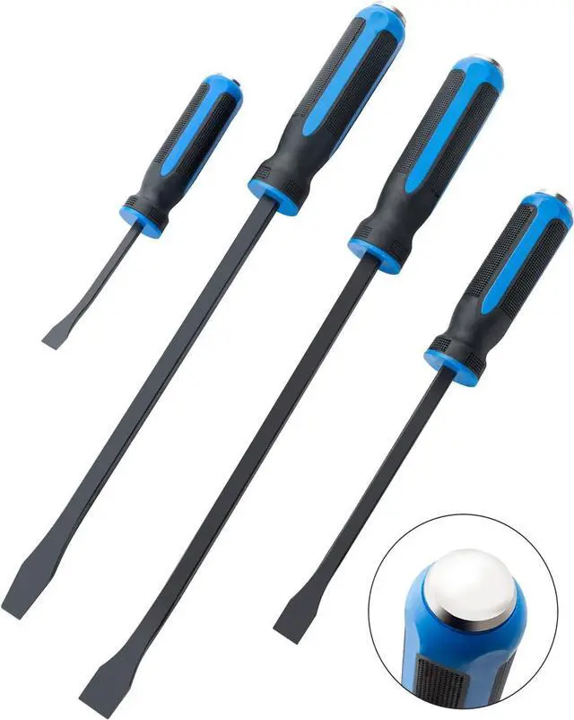 Main image of 4-Piece Heavy Duty Pry Bar Set with Thicker Hammer Strike Cap and Angled Tip Ideal for Automotive Repair, Demolition, Nail Pulling