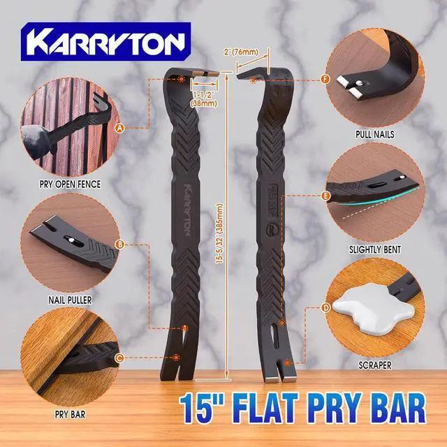 Alt view image 3 of 7 - 4-Piece Heavy-Duty Pry Bar Set 12" & 10" Utility Claw Pry Bars, 15" Flat Pry Bar, 8" End Cutting Pliers | CR-V Steel Nail Puller Tool with Hammer-Function & Ergonomic Grip