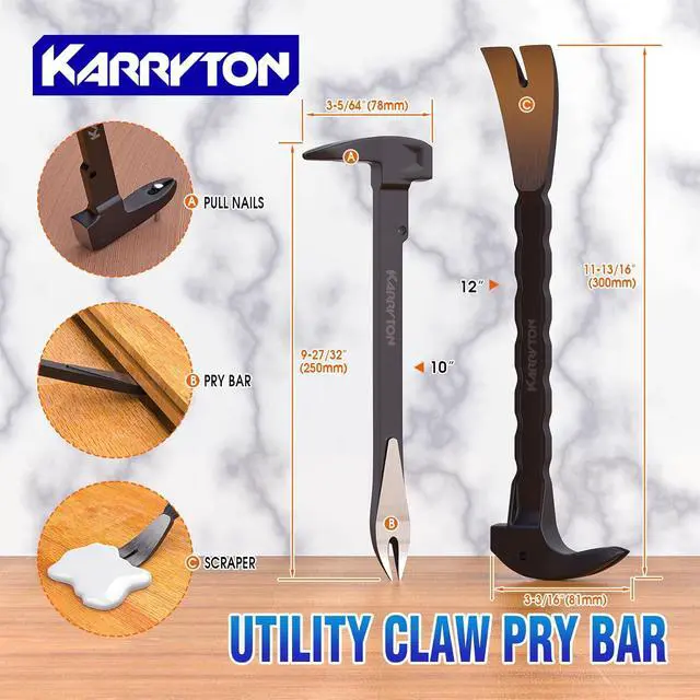 Alt view image 4 of 7 - 4-Piece Heavy-Duty Pry Bar Set 12" & 10" Utility Claw Pry Bars, 15" Flat Pry Bar, 8" End Cutting Pliers | CR-V Steel Nail Puller Tool with Hammer-Function & Ergonomic Grip