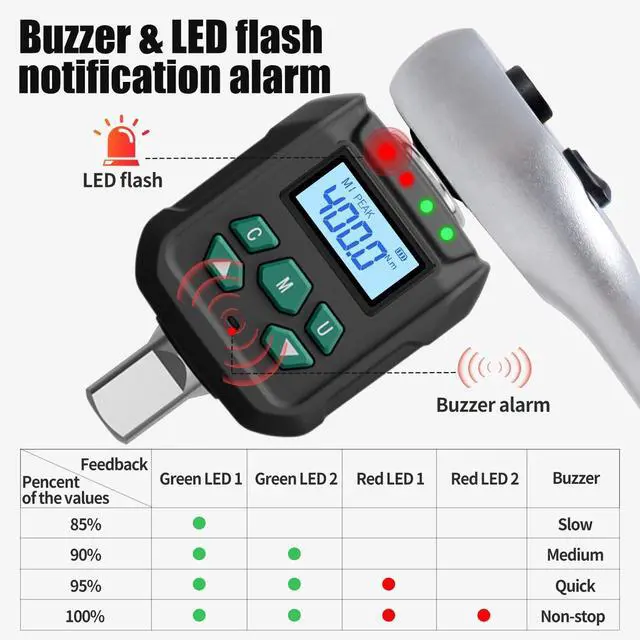 Alt view image 3 of 7 - 1/2" Digital Torque Adapter Set with Socket Adapters (1/4", 3/8") - 2% Accuracy, 8.8-295 ft-lb, Buzzer & LED Alerts, Working with Ratchet Wrench, Breaker Bar - for Automotive, Motorcycle & Car