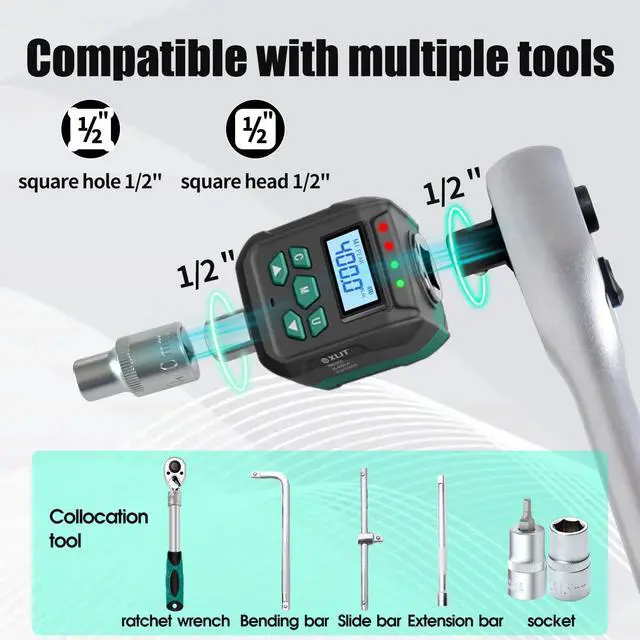 Alt view image 5 of 7 - 1/2" Digital Torque Adapter Set with Socket Adapters (1/4", 3/8") - 2% Accuracy, 8.8-295 ft-lb, Buzzer & LED Alerts, Working with Ratchet Wrench, Breaker Bar - for Automotive, Motorcycle & Car