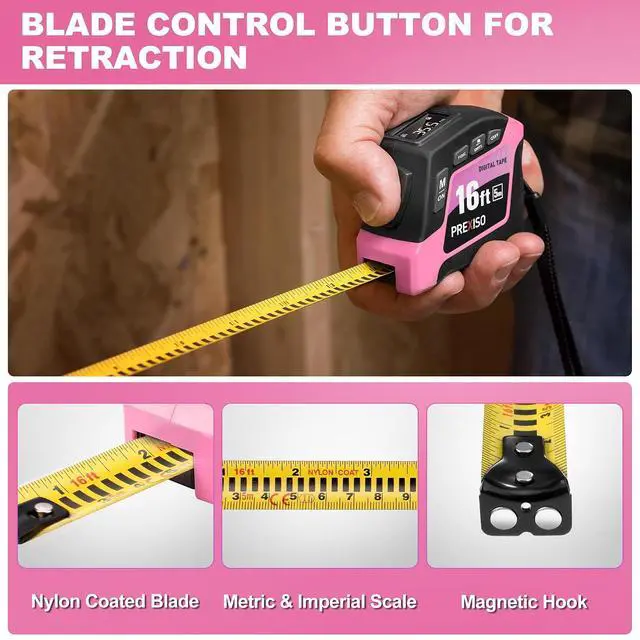 Alt view image 3 of 7 - 2-in-1 Digital Tape Measure - 16Ft Pink Digital Measuring Tape Rechargeable, Ft/Ft+in/in/M/CM/MM Unit - Metric & Inches Retractable Electronic Tape Measure Auto Lock, Pythagorean, Area, Volume