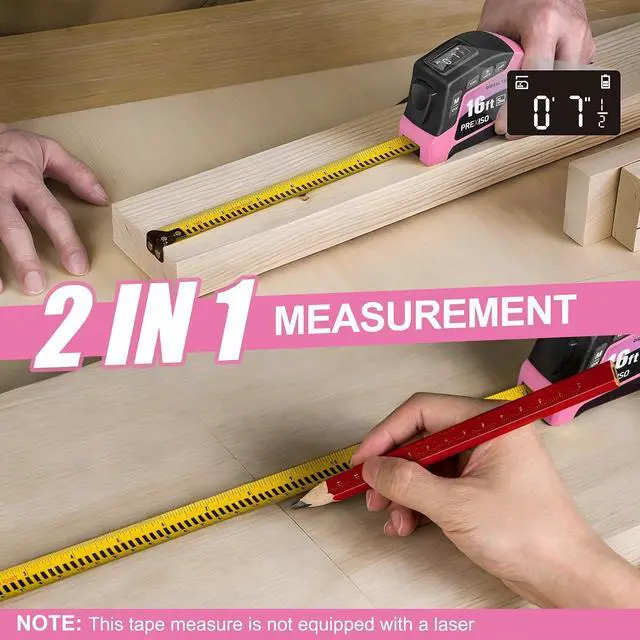 Alt view image 4 of 7 - 2-in-1 Digital Tape Measure - 16Ft Pink Digital Measuring Tape Rechargeable, Ft/Ft+in/in/M/CM/MM Unit - Metric & Inches Retractable Electronic Tape Measure Auto Lock, Pythagorean, Area, Volume
