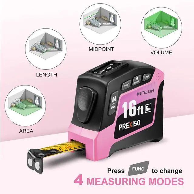 Alt view image 5 of 7 - 2-in-1 Digital Tape Measure - 16Ft Pink Digital Measuring Tape Rechargeable, Ft/Ft+in/in/M/CM/MM Unit - Metric & Inches Retractable Electronic Tape Measure Auto Lock, Pythagorean, Area, Volume