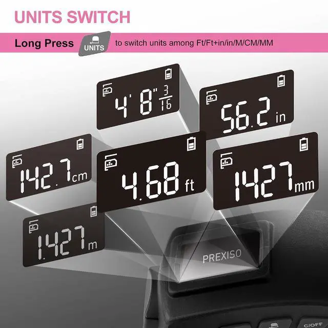 Alt view image 7 of 7 - 2-in-1 Digital Tape Measure - 16Ft Pink Digital Measuring Tape Rechargeable, Ft/Ft+in/in/M/CM/MM Unit - Metric & Inches Retractable Electronic Tape Measure Auto Lock, Pythagorean, Area, Volume