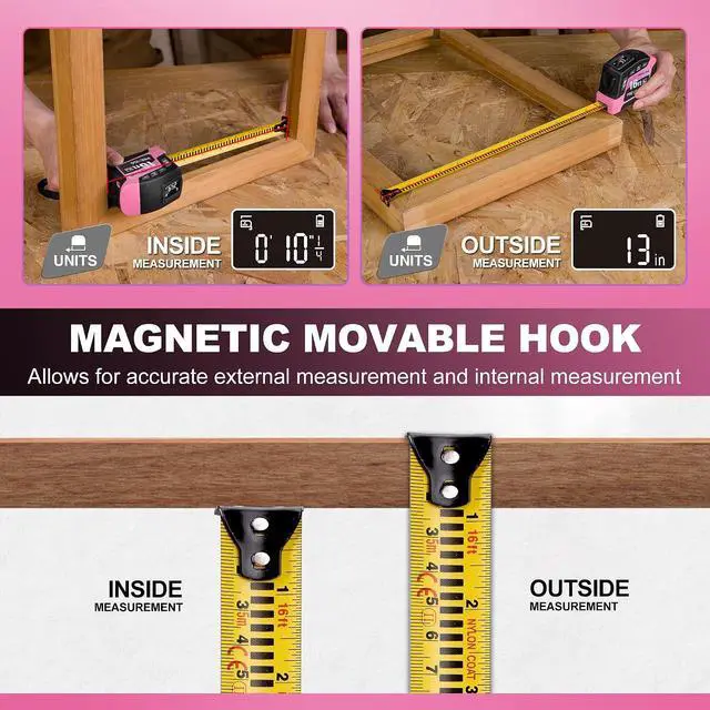 Alt view image 6 of 7 - 2-in-1 Digital Tape Measure - 16Ft Pink Digital Measuring Tape Rechargeable, Ft/Ft+in/in/M/CM/MM Unit - Metric & Inches Retractable Electronic Tape Measure Auto Lock, Pythagorean, Area, Volume