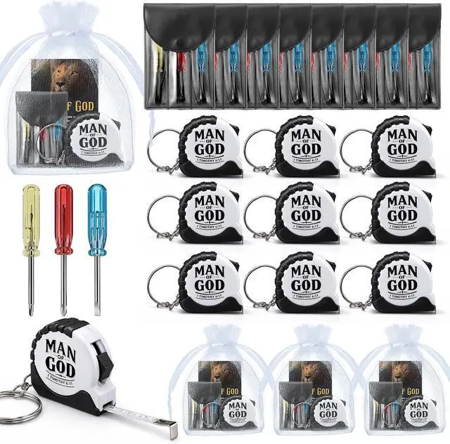 Main image of 30 Sets Man of God Father's Day Christian Gifts Bulk Mini Screwdriver Keychain Retractable Tape Measure Keychains Mini Screwdrivers in Pouch with Bible Verse Card for Men Father Church Gifts