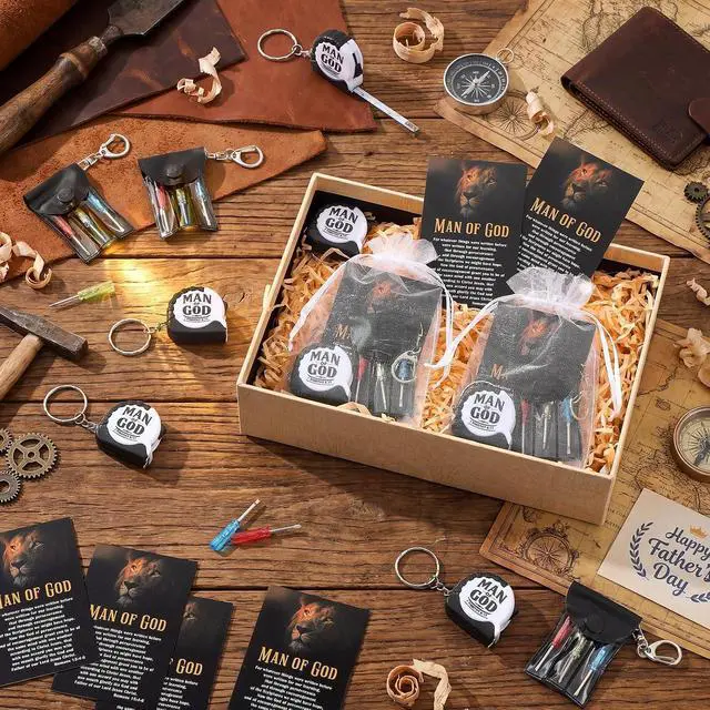 Alt view image 4 of 7 - 30 Sets Man of God Father's Day Christian Gifts Bulk Mini Screwdriver Keychain Retractable Tape Measure Keychains Mini Screwdrivers in Pouch with Bible Verse Card for Men Father Church Gifts