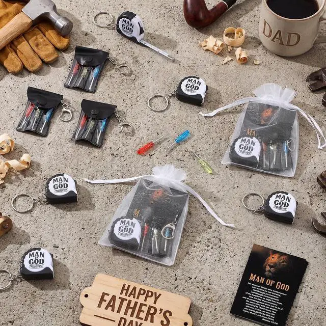 Alt view image 5 of 7 - 30 Sets Man of God Father's Day Christian Gifts Bulk Mini Screwdriver Keychain Retractable Tape Measure Keychains Mini Screwdrivers in Pouch with Bible Verse Card for Men Father Church Gifts