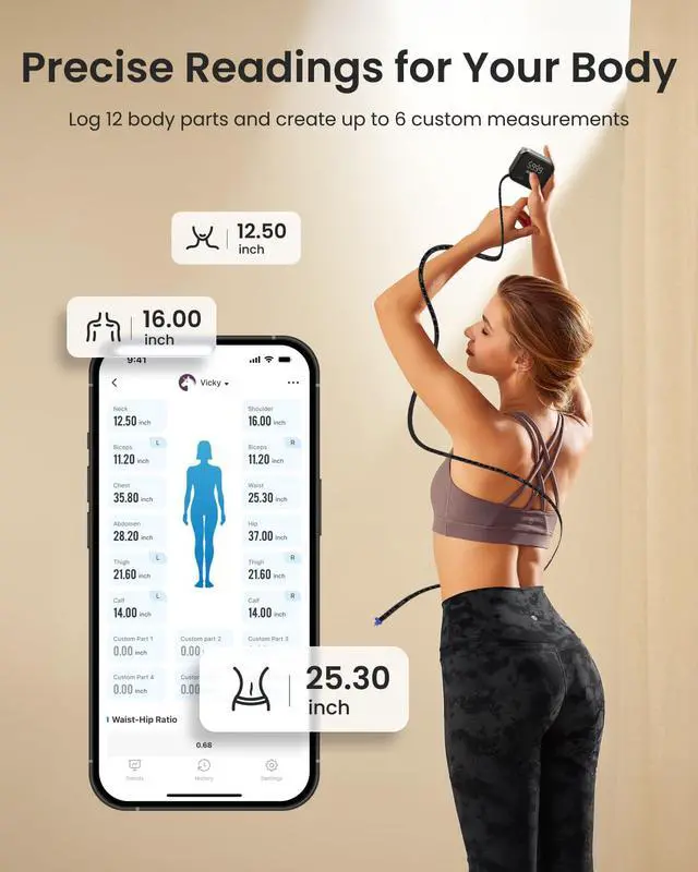 Alt view image 3 of 7 - Smart Body Measuring Tape, Rechargeable Tape Measure with LED Display, Measuring Tape for Body Measurements with App for Weight Loss & Fitness Shape, Retractable, 60in /150cm, Black