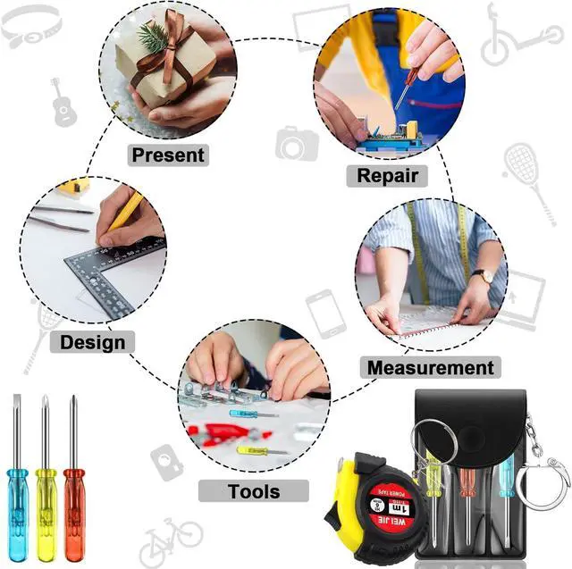 Alt view image 4 of 6 - 60 Pcs Mini Tape Measure Keychain Bulk Mini Screwdriver Keychain Set Adult Tool Party Prize for Father's Men Gifts
