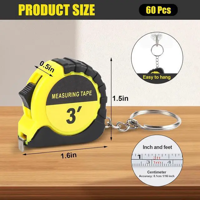Alt view image 2 of 7 - 60 Pcs Mini Measuring Tape Keychains 3 Ft Small Tape Measure Inch Metric Scale Bulk with Lock Steel Easy Read Pocket for Party Favors Birthday Daily UseYellow