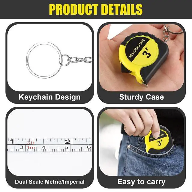 Alt view image 3 of 7 - 60 Pcs Mini Measuring Tape Keychains 3 Ft Small Tape Measure Inch Metric Scale Bulk with Lock Steel Easy Read Pocket for Party Favors Birthday Daily UseYellow